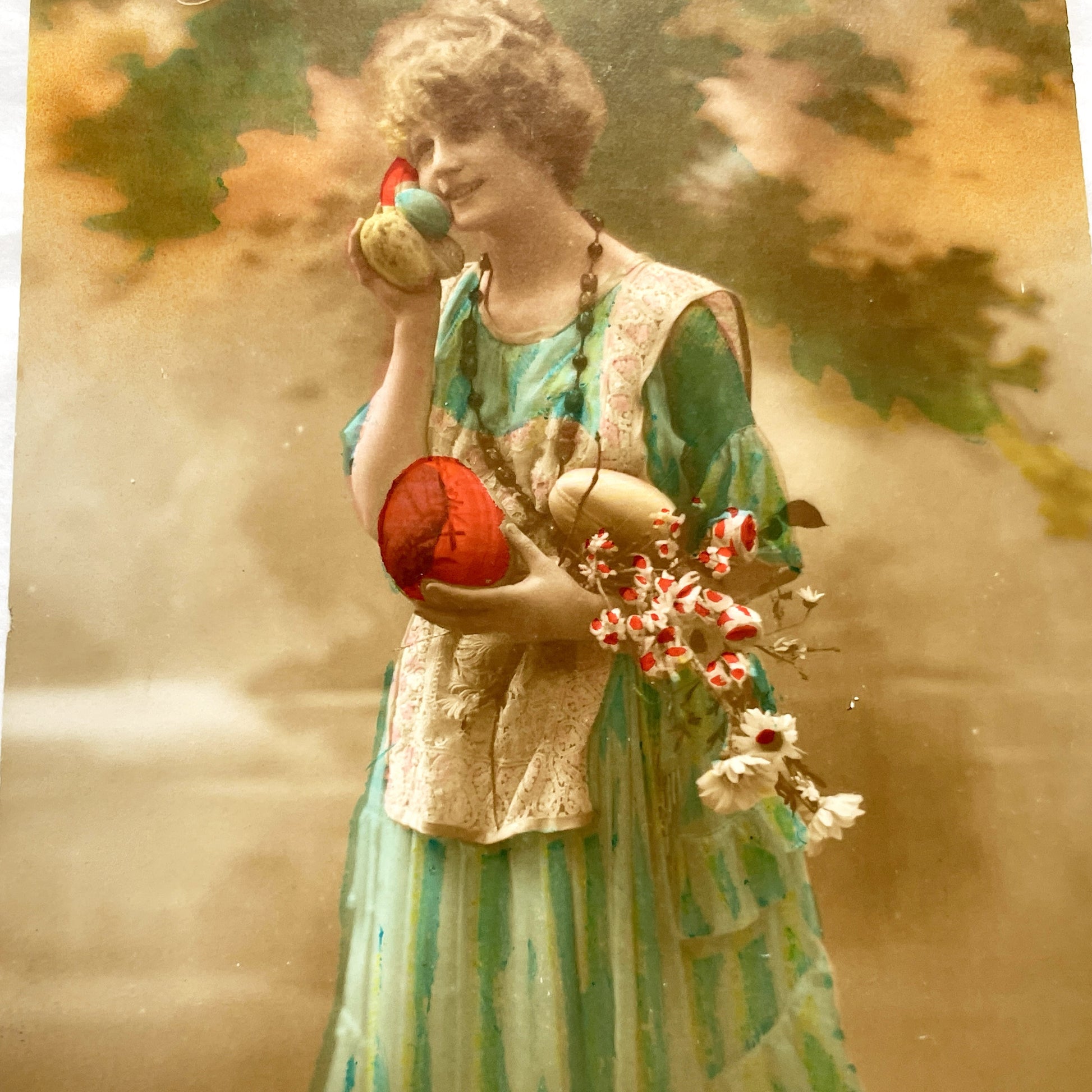 1910s - Vintage French Easter Postcard - Graceful Woman with Chick - Eggs & Flowers - 'Heureuses Pâques' - Parisian Publisher - Antique Art