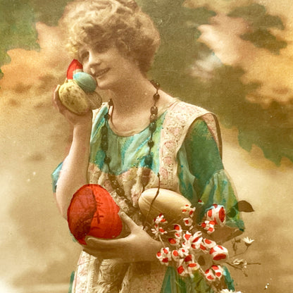 1910s - Vintage French Easter Postcard - Graceful Woman with Chick - Eggs & Flowers - 'Heureuses Pâques' - Parisian Publisher - Antique Art