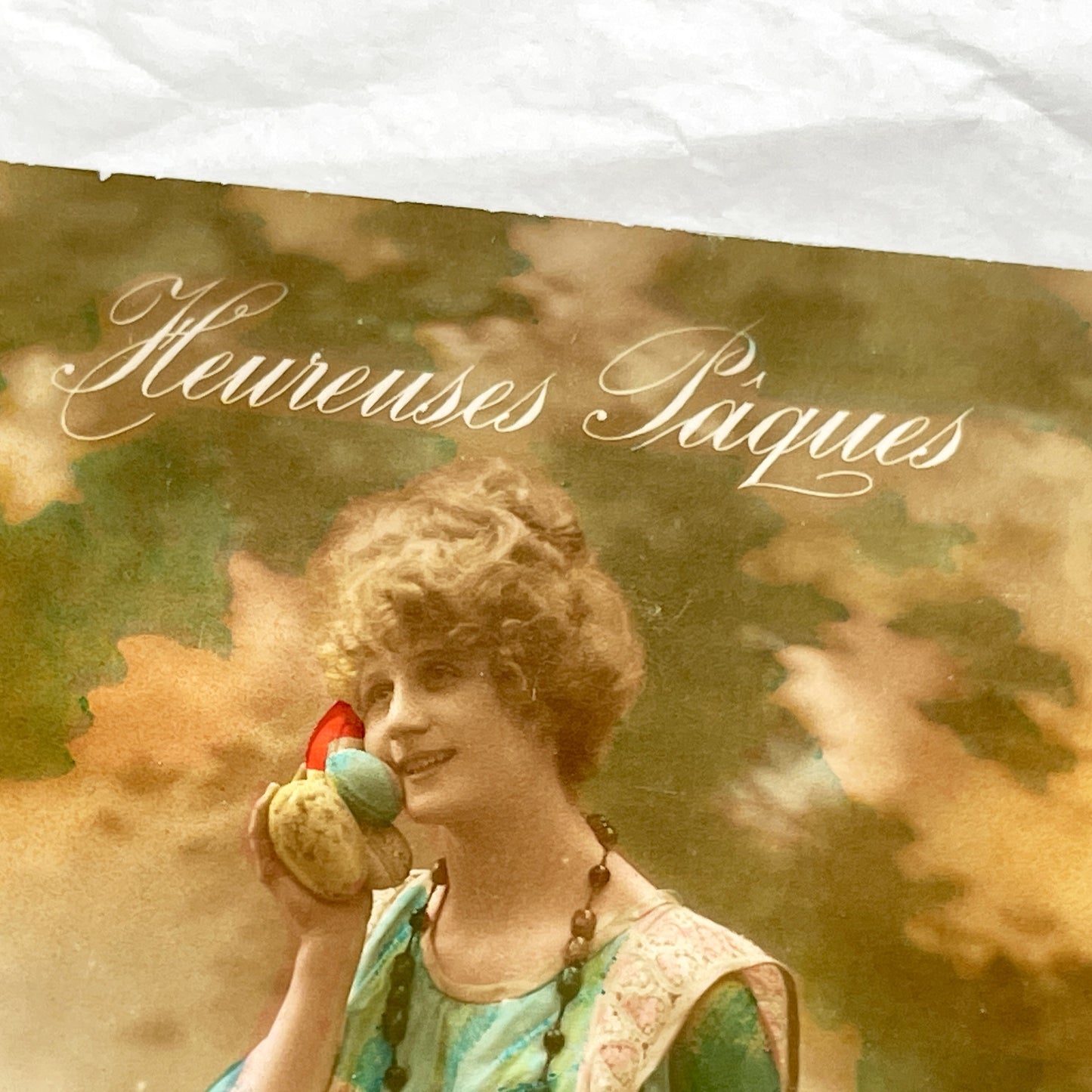 1910s - Vintage French Easter Postcard - Graceful Woman with Chick - Eggs & Flowers - 'Heureuses Pâques' - Parisian Publisher - Antique Art