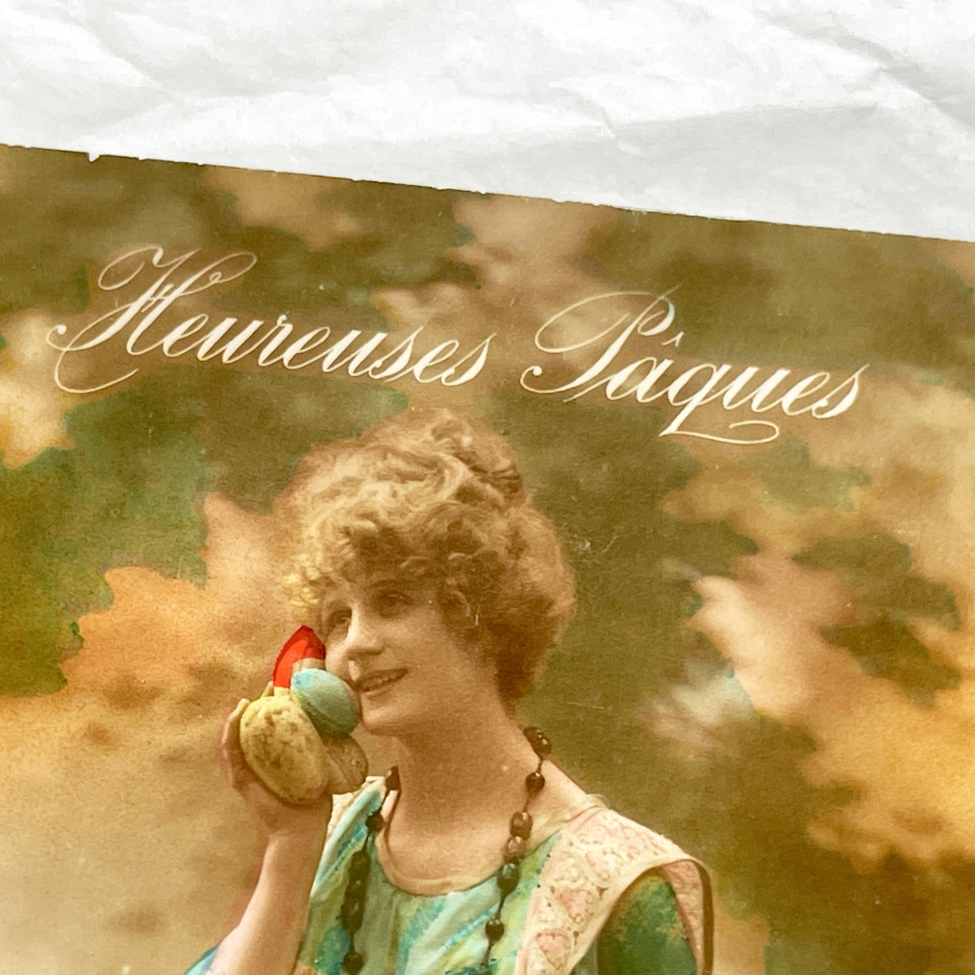 1910s - Vintage French Easter Postcard - Graceful Woman with Chick - Eggs & Flowers - 'Heureuses Pâques' - Parisian Publisher - Antique Art