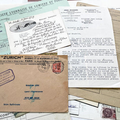1930s - French Ephemera - Vintage Documents - Letters - Postcards - Invoices - Receipts - Financial Papers - Scrapbooking Junk Journal Lot