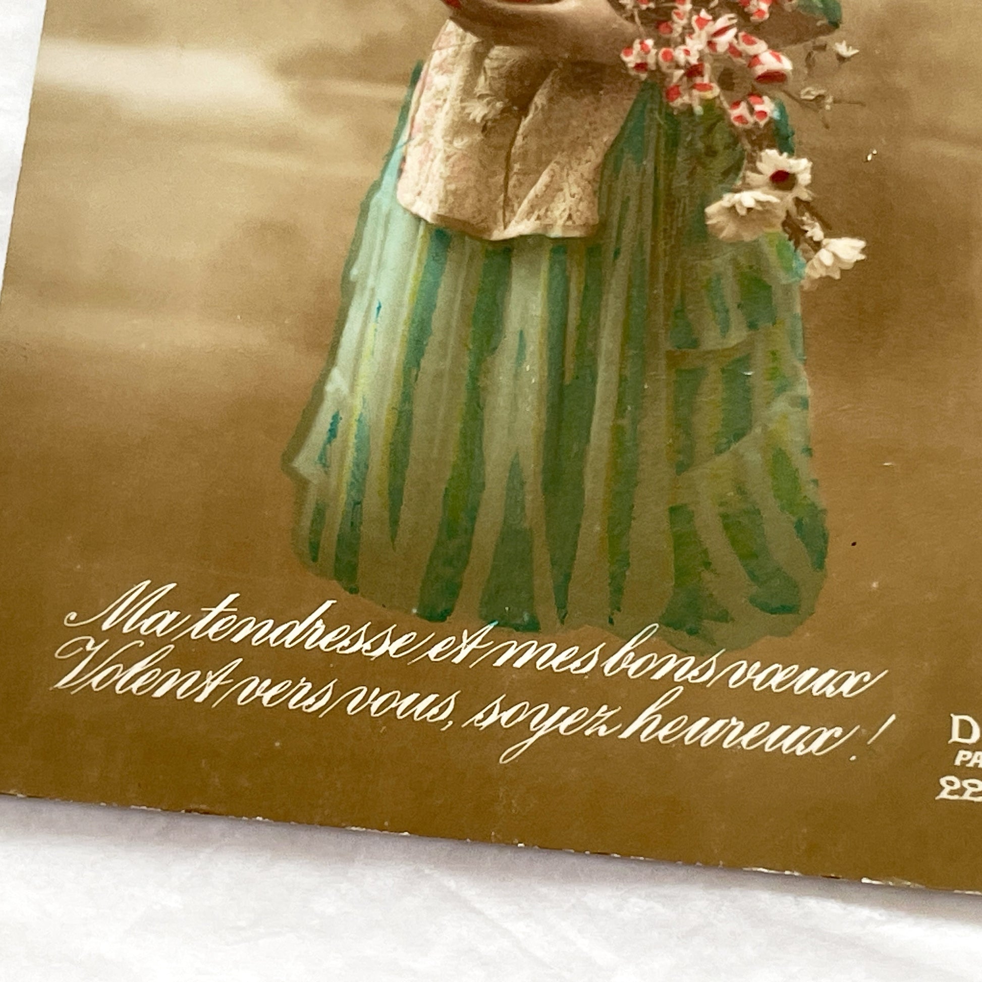 1910s - Vintage French Easter Postcard - Graceful Woman with Chick - Eggs & Flowers - 'Heureuses Pâques' - Parisian Publisher - Antique Art