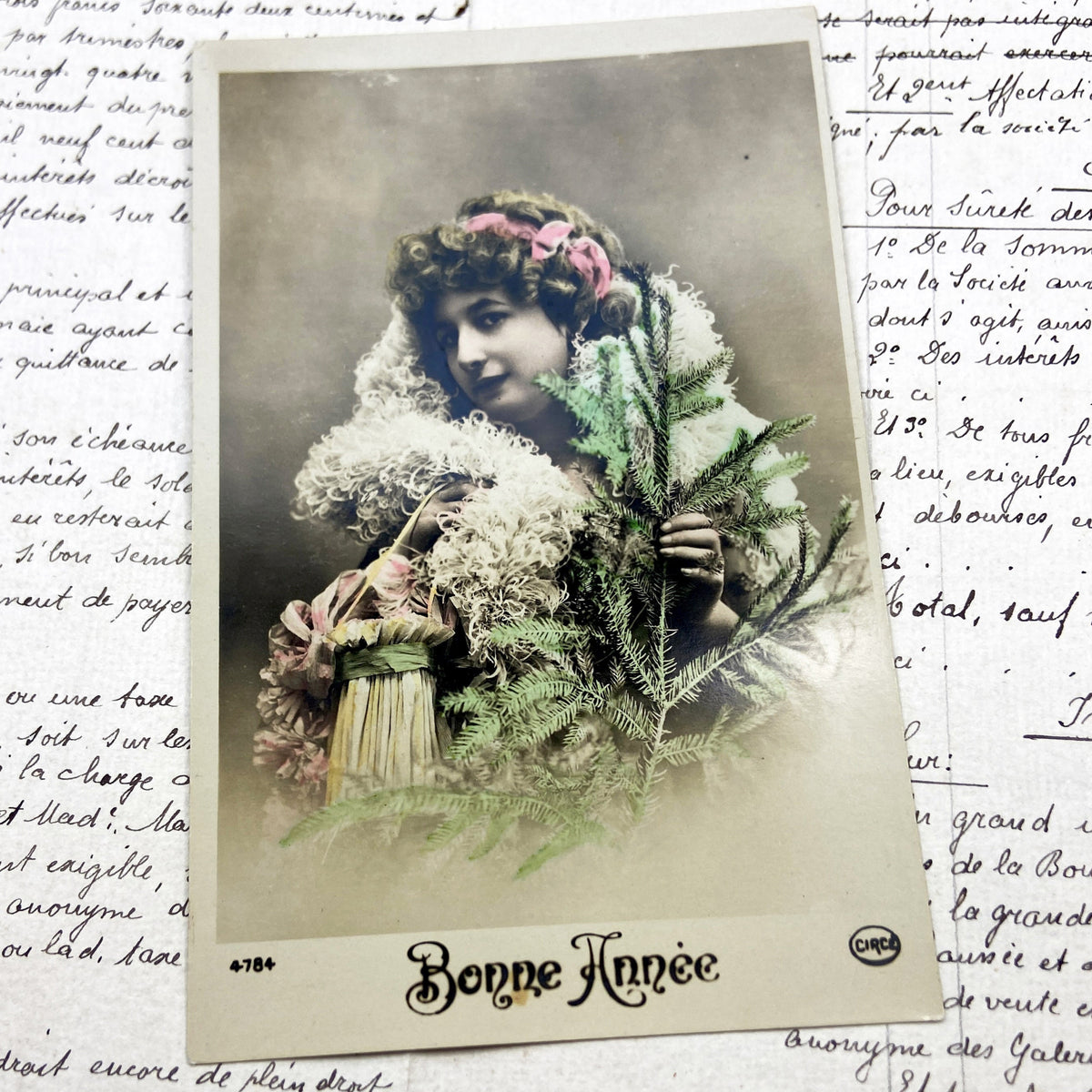 1910s - Vintage French Postcard - Elegant Woman Pine Boa - Belle Epoque Hand Tinted - Bonne Année  Antique Ephemera Art Nouveau Style