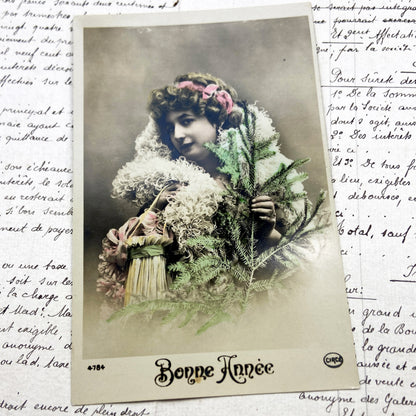 1910s - Vintage French Postcard - Elegant Woman Pine Boa - Belle Epoque Hand Tinted - Bonne Année  Antique Ephemera Art Nouveau Style