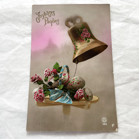1920s - Vintage French Easter Postcard - Ornate Bell - Decorated Eggs - Pink Roses - Antique Holiday Greeting Card