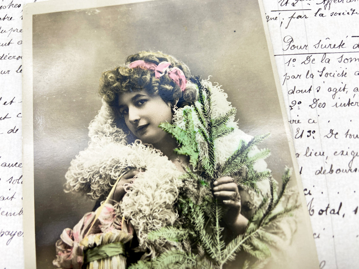 1910s - Vintage French Postcard - Elegant Woman Pine Boa - Belle Epoque Hand Tinted - Bonne Année  Antique Ephemera Art Nouveau Style