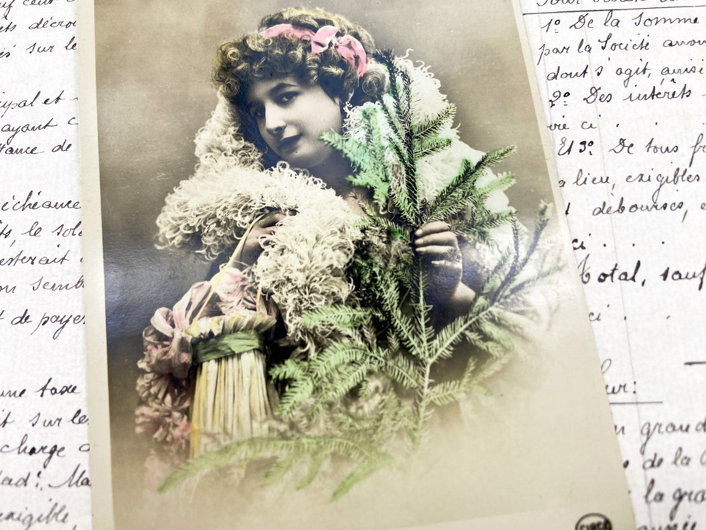 1910s - Vintage French Postcard - Elegant Woman Pine Boa - Belle Epoque Hand Tinted - Bonne Année  Antique Ephemera Art Nouveau Style