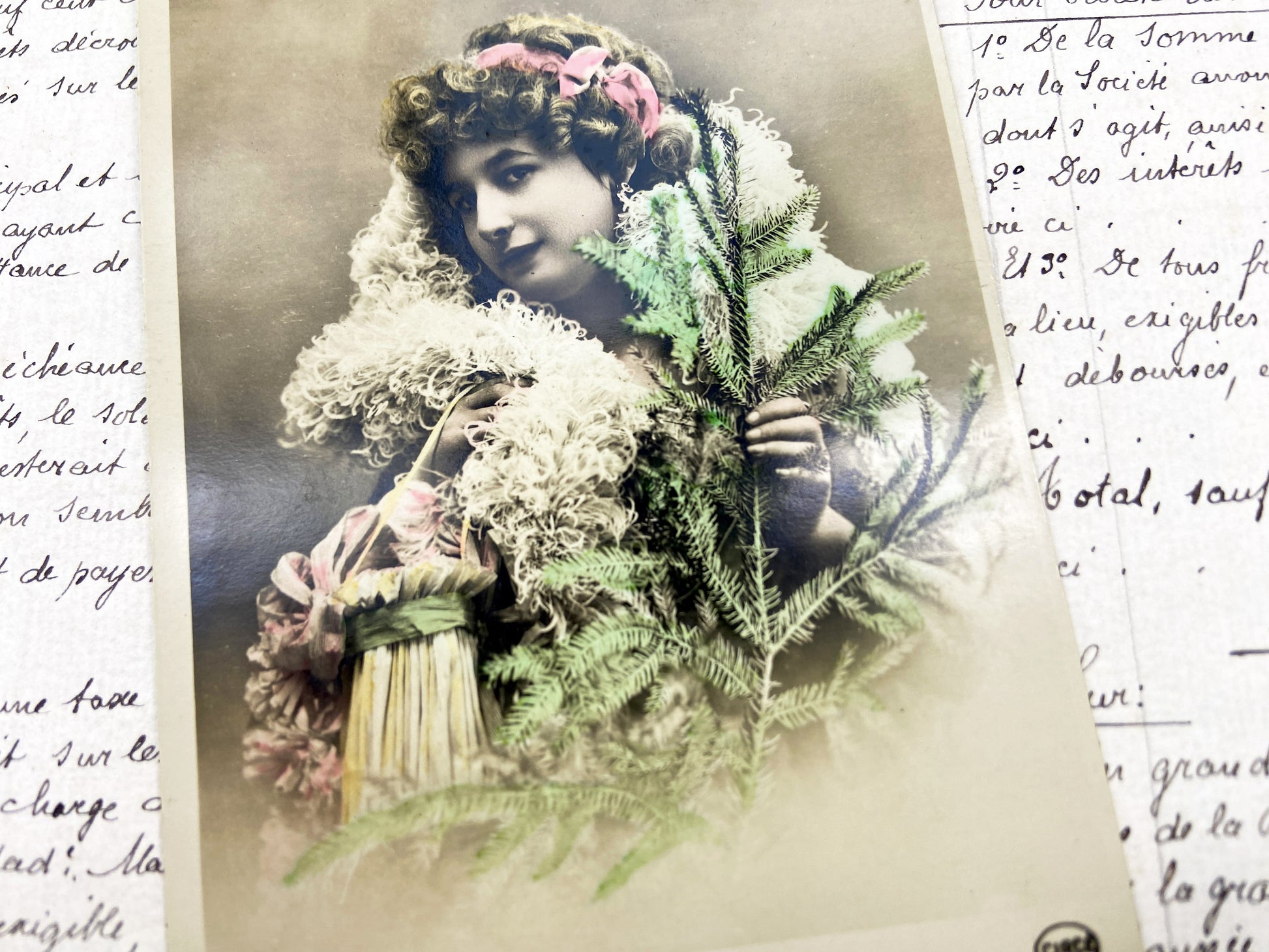 1910s - Vintage French Postcard - Elegant Woman Pine Boa - Belle Epoque Hand Tinted - Bonne Année  Antique Ephemera Art Nouveau Style