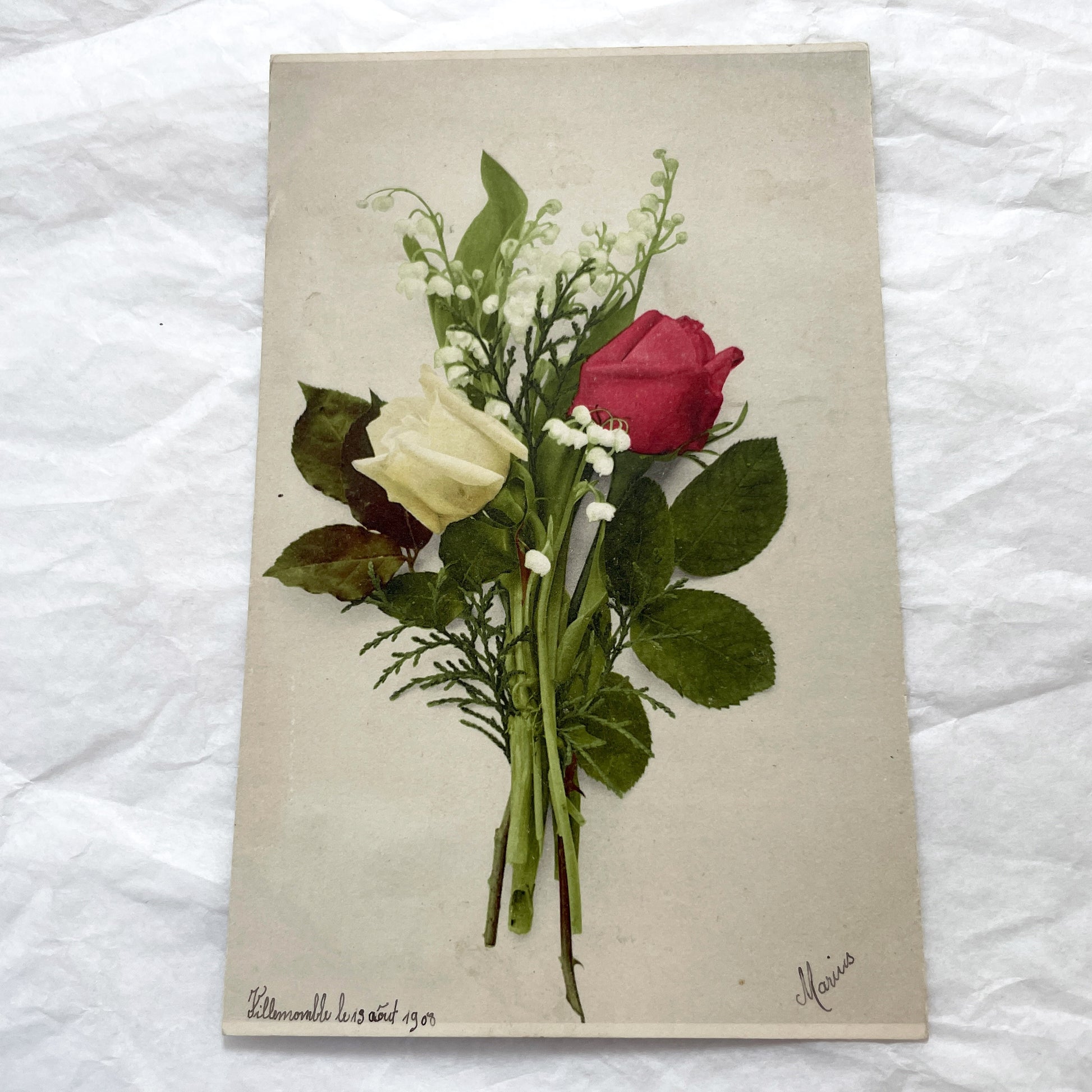 1900s - Vintage French Postcard - Elegant Floral Bouquet Lily of the Valley Red Yellow Roses - Villemomble 1908 - Marius