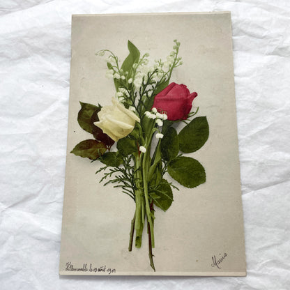 1900s - Vintage French Postcard - Elegant Floral Bouquet Lily of the Valley Red Yellow Roses - Villemomble 1908 - Marius