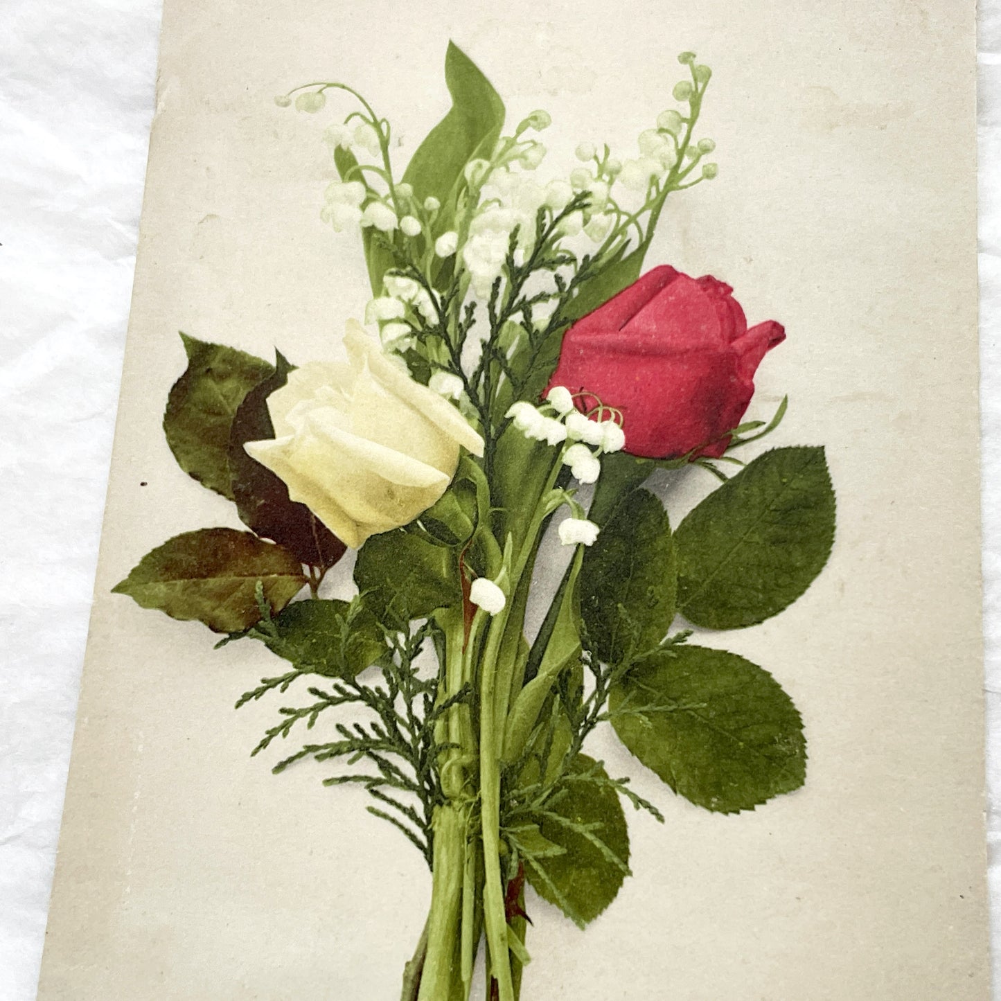 1900s - Vintage French Postcard - Elegant Floral Bouquet Lily of the Valley Red Yellow Roses - Villemomble 1908 - Marius