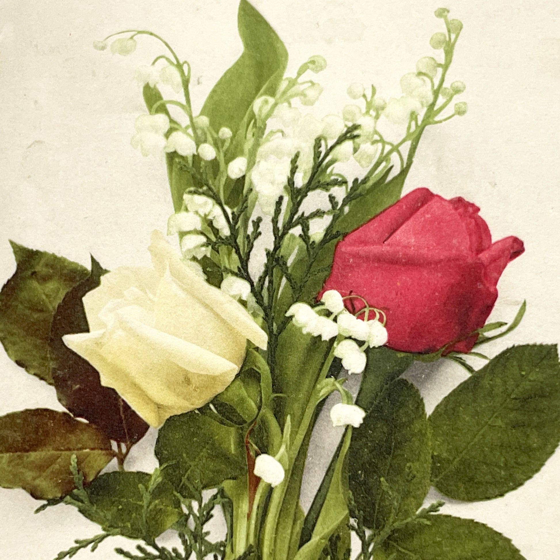 1900s - Vintage French Postcard - Elegant Floral Bouquet Lily of the Valley Red Yellow Roses - Villemomble 1908 - Marius