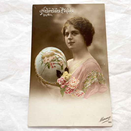 1910s - Antique French Easter Postcard - Young Woman Holding Decorated Egg - Painted Birds - Embossed Flowers - Vintage Holiday Greeting