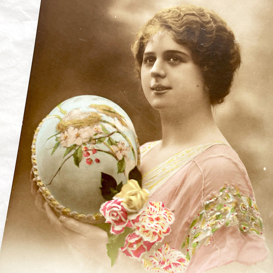 1910s - Antique French Easter Postcard - Young Woman Holding Decorated Egg - Painted Birds - Embossed Flowers - Vintage Holiday Greeting