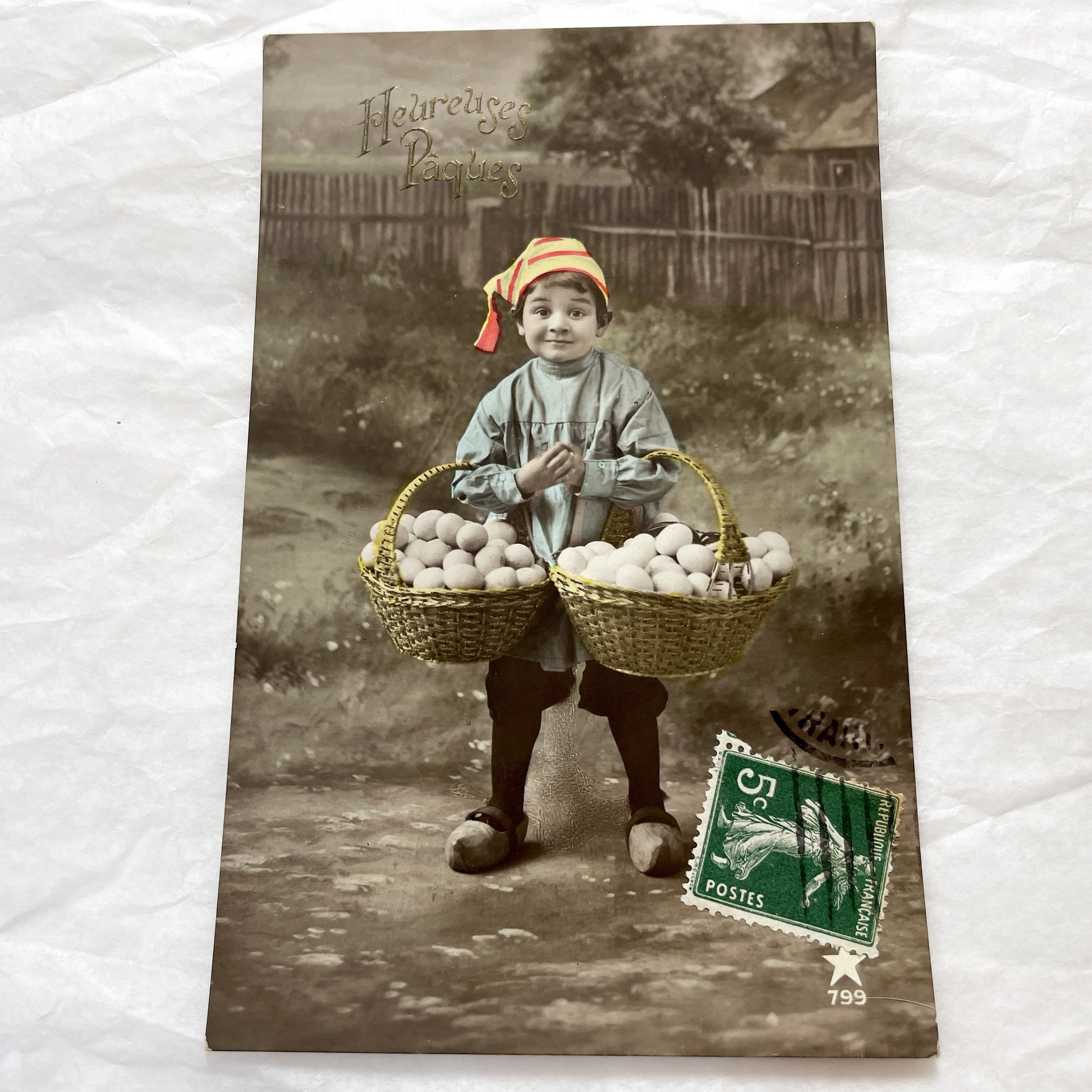 1910s - French Easter Postcard - Charming Child with Baskets of Eggs - Sepia Tone Hand-Colored Antique Holiday Greeting Card - Rural Scene