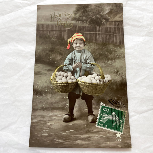1910s - French Easter Postcard - Charming Child with Baskets of Eggs - Sepia Tone Hand-Colored Antique Holiday Greeting Card - Rural Scene