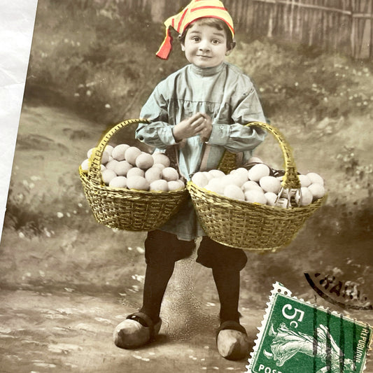 1910s - French Easter Postcard - Charming Child with Baskets of Eggs - Sepia Tone Hand-Colored Antique Holiday Greeting Card - Rural Scene
