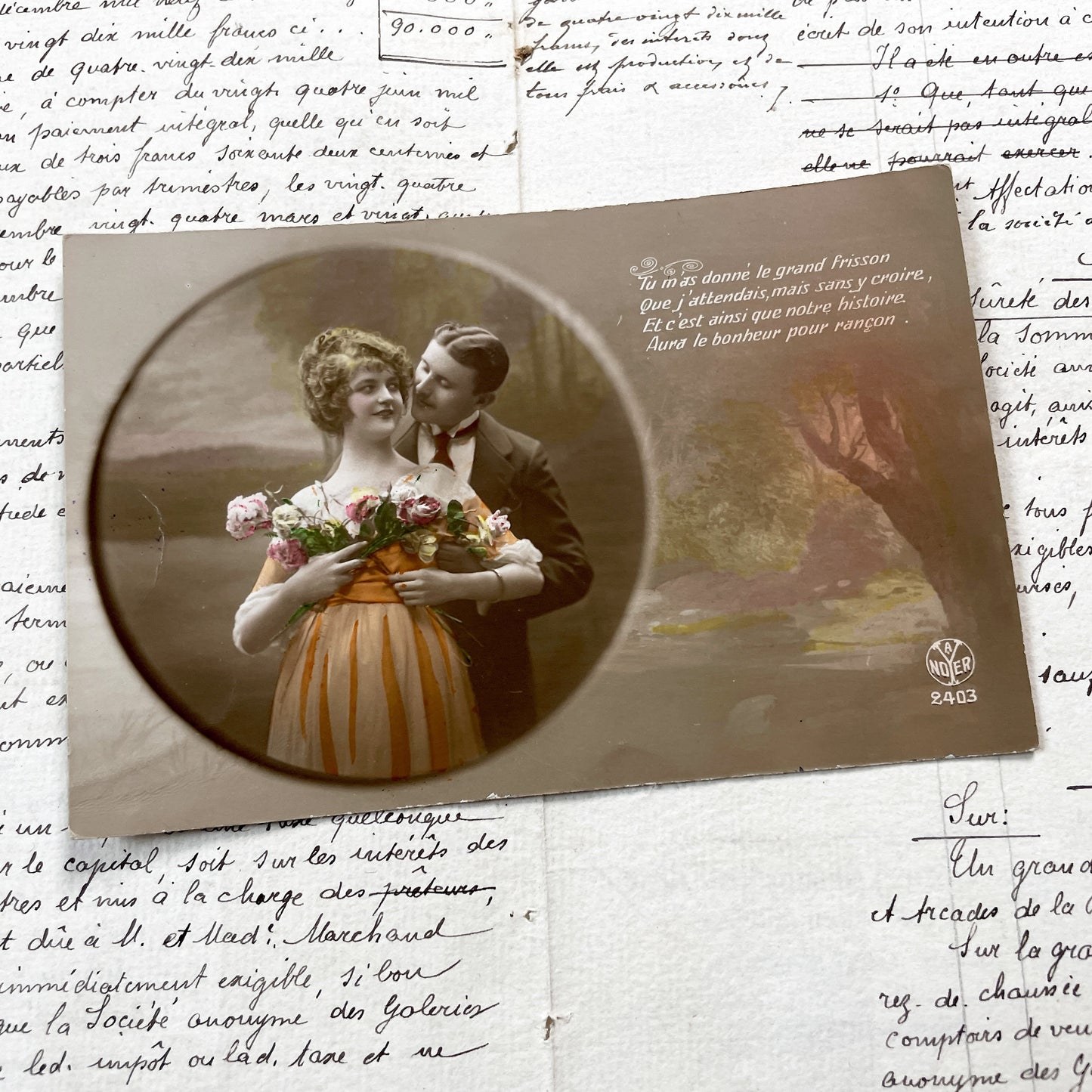 1920s - Vintage French Postcard - Romantic Couple - Portrait - Sweet Love Quote - Affectionate Embrace - Roaring Twenties Collectible