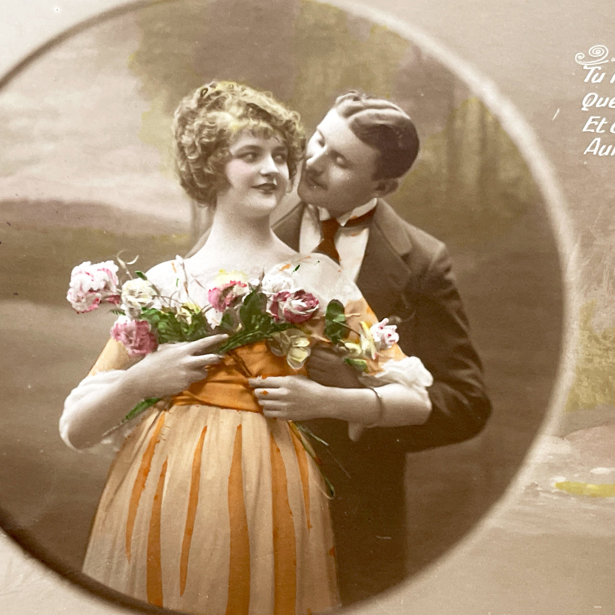 1920s - Vintage French Postcard - Romantic Couple - Portrait - Sweet Love Quote - Affectionate Embrace - Roaring Twenties Collectible