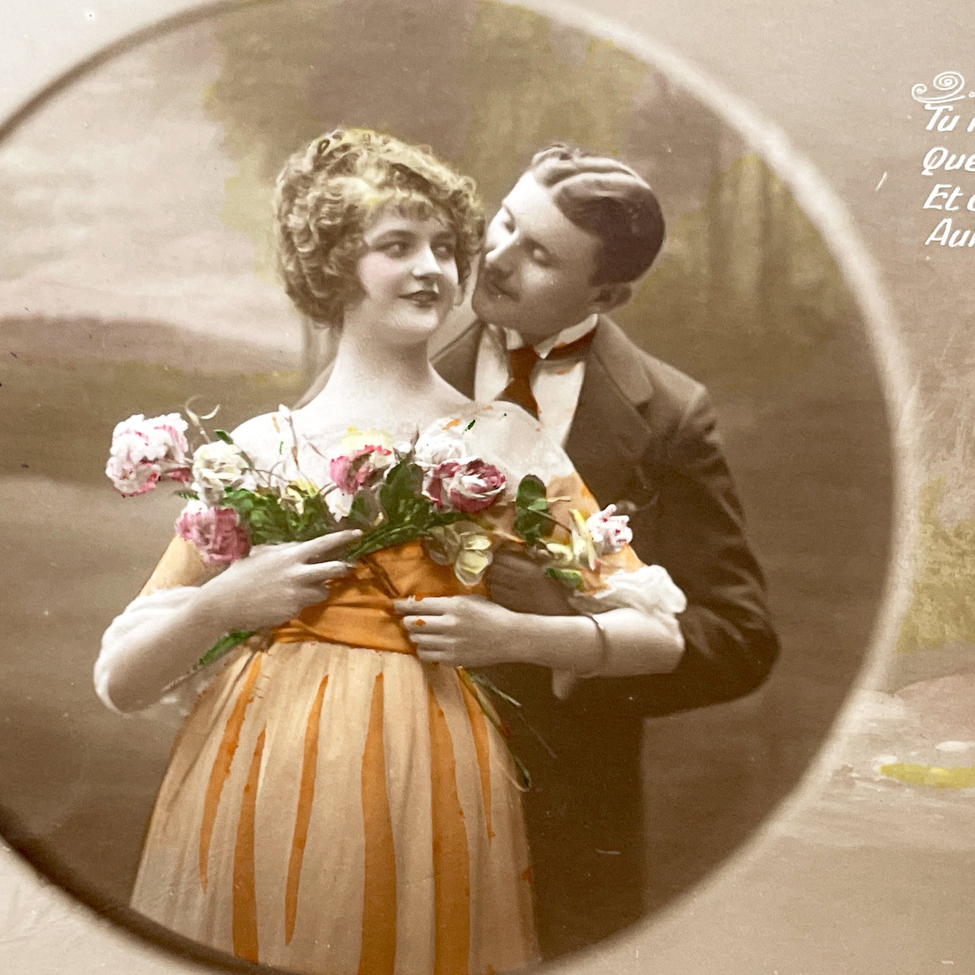 1920s - Vintage French Postcard - Romantic Couple - Portrait - Sweet Love Quote - Affectionate Embrace - Roaring Twenties Collectible