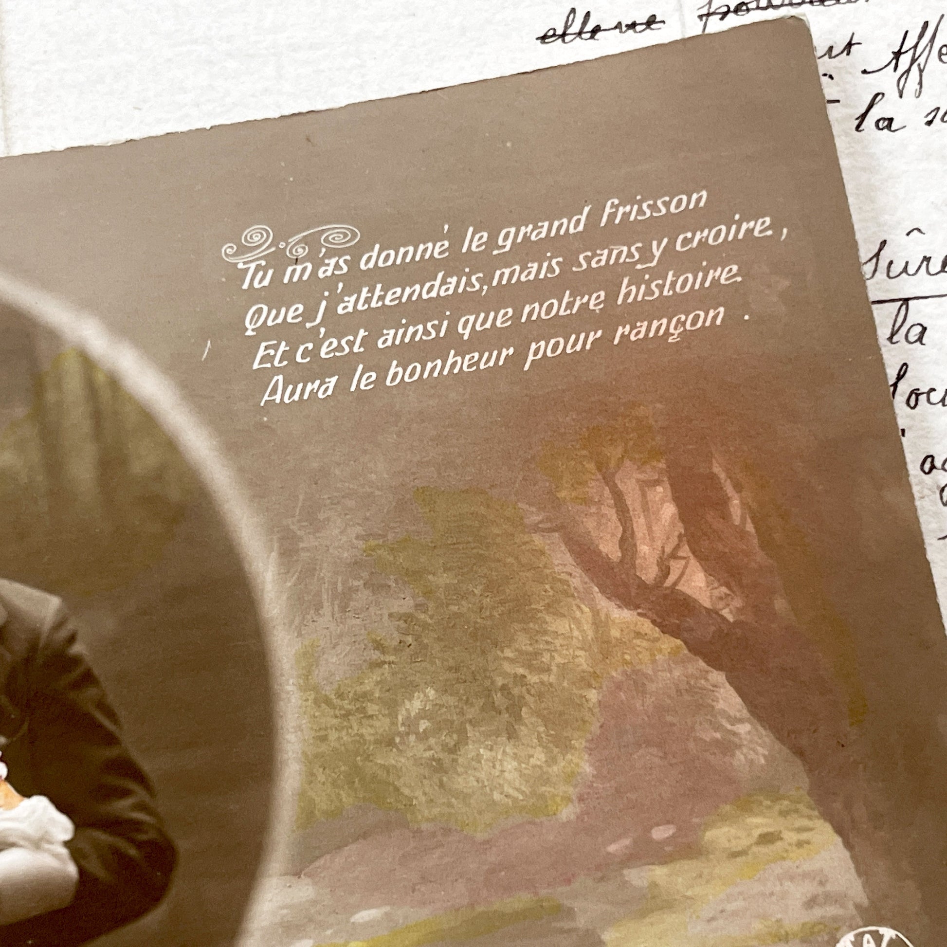 1920s - Vintage French Postcard - Romantic Couple - Portrait - Sweet Love Quote - Affectionate Embrace - Roaring Twenties Collectible