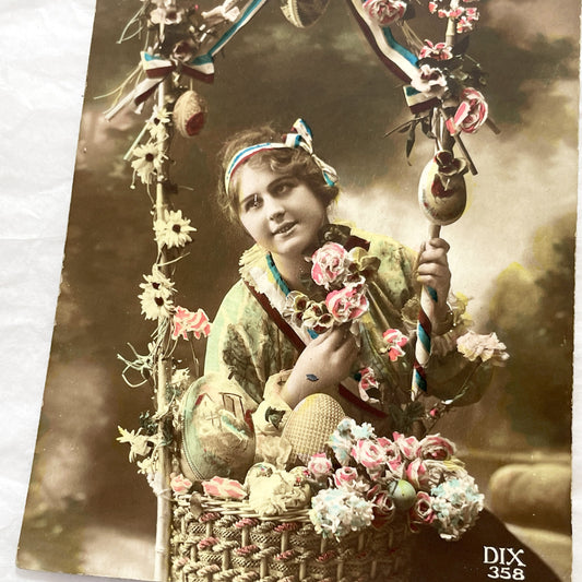 1920s - Vintage French Easter Postcard - Heureuses Pâques Greeting - Young Woman Floral Basket - Sepia Hand-Colored Photo Card