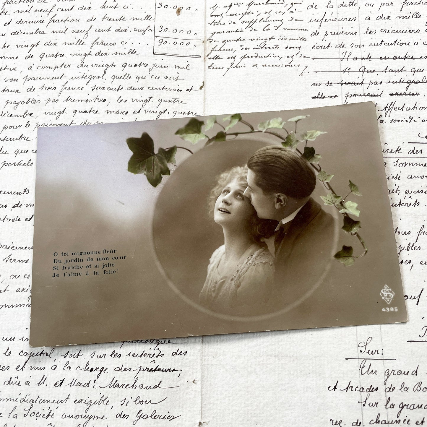 1920s - Vintage Romantic Postcard - Sepia Tone Couple - Love Poem - Ivy Garland Frame - French Sentimental Message - Antique Lovers Memento