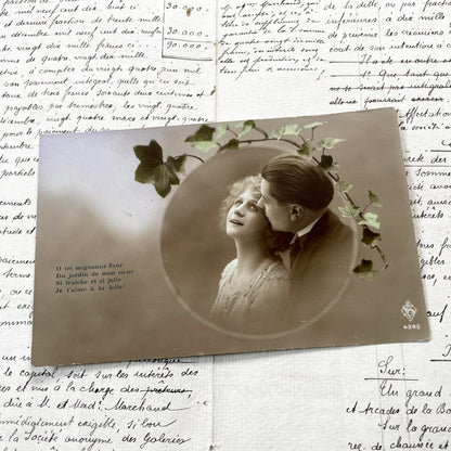 1920s - Vintage Romantic Postcard - Sepia Tone Couple - Love Poem - Ivy Garland Frame - French Sentimental Message - Antique Lovers Memento