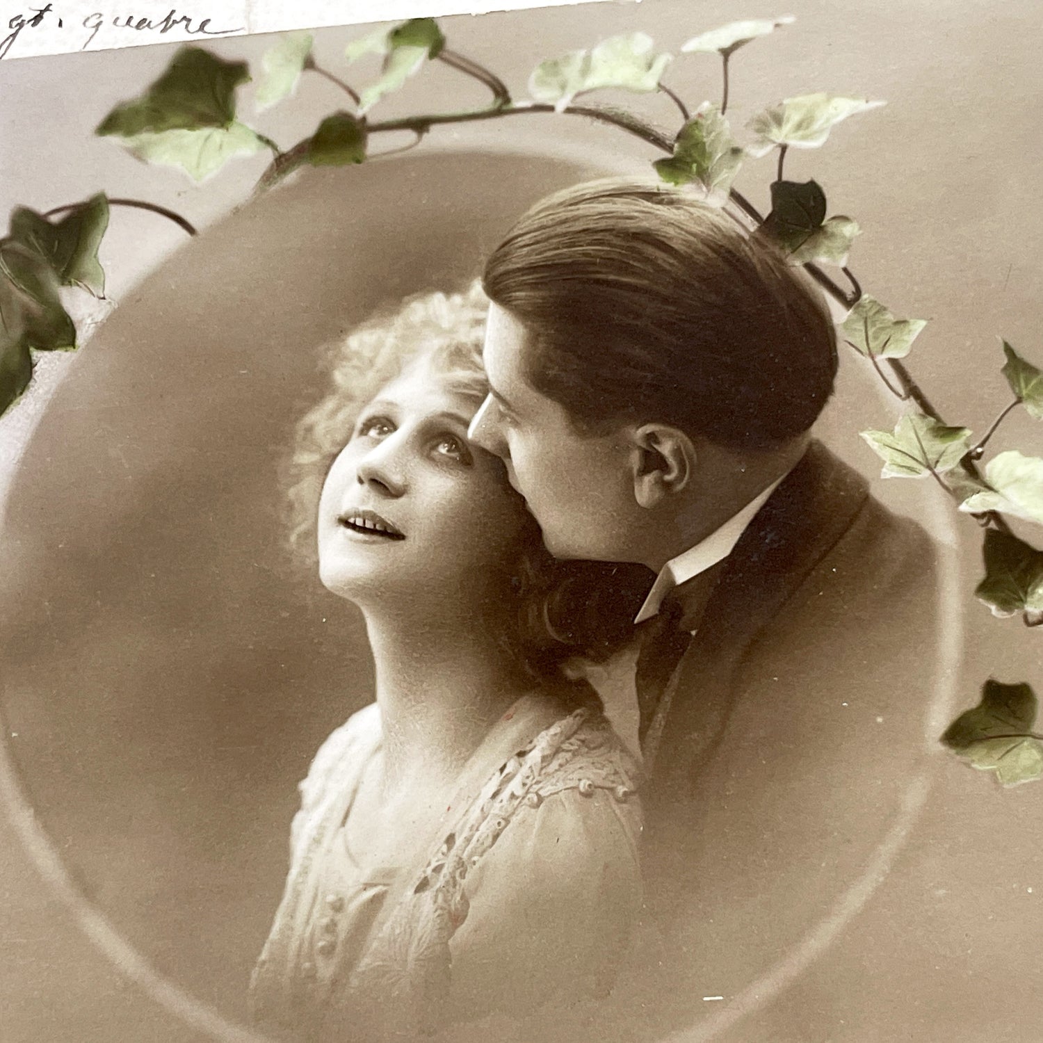 1920s - Vintage Romantic Postcard - Sepia Tone Couple - Love Poem - Ivy Garland Frame - French Sentimental Message - Antique Lovers Memento