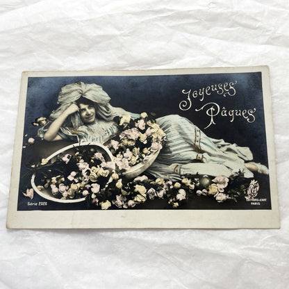 1900s - Vintage French Easter Postcard - Elegant Woman Reclining Among Roses - Joyeuses Paques Paris Antique Greeting Card Collectible