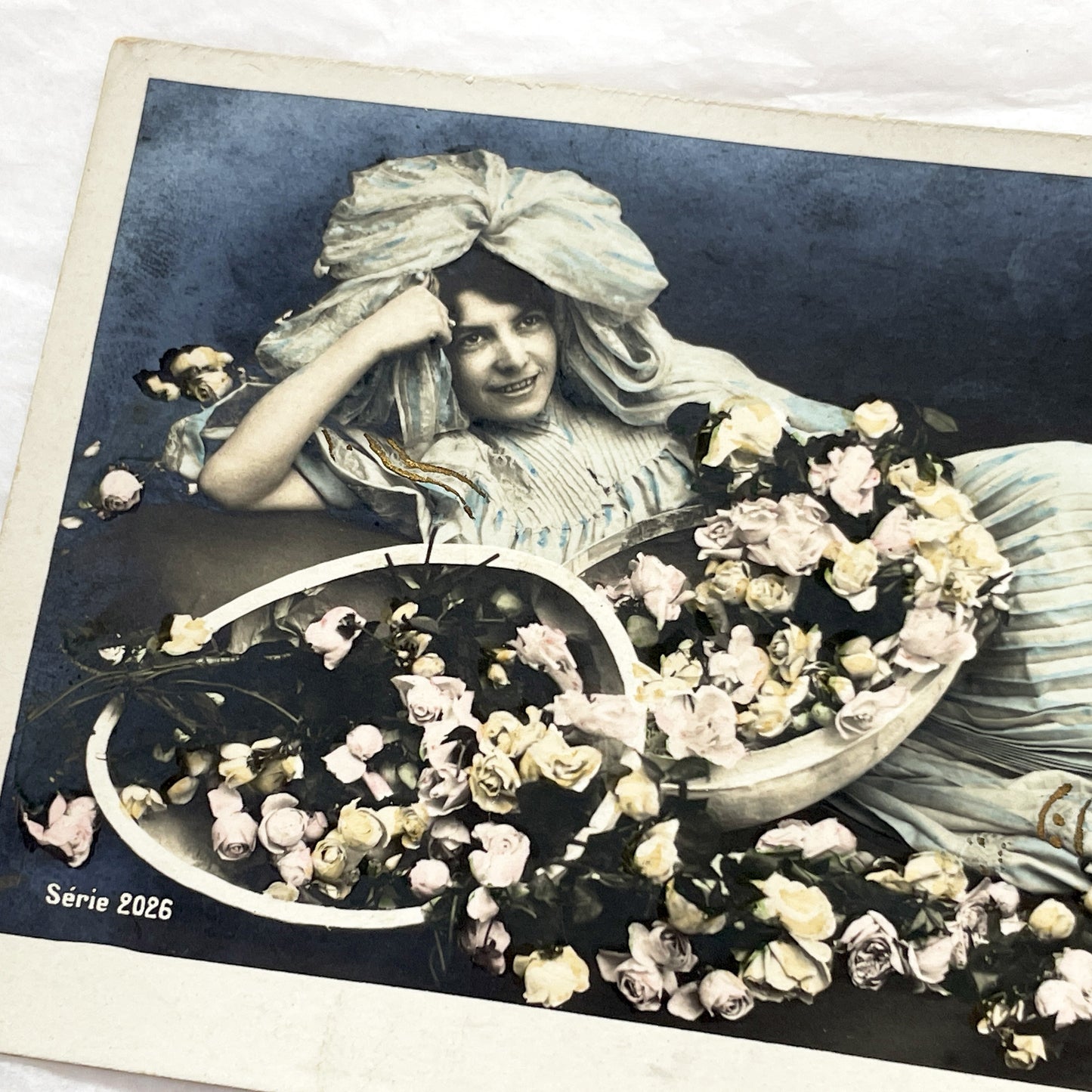 1900s - Vintage French Easter Postcard - Elegant Woman Reclining Among Roses - Joyeuses Paques Paris Antique Greeting Card Collectible