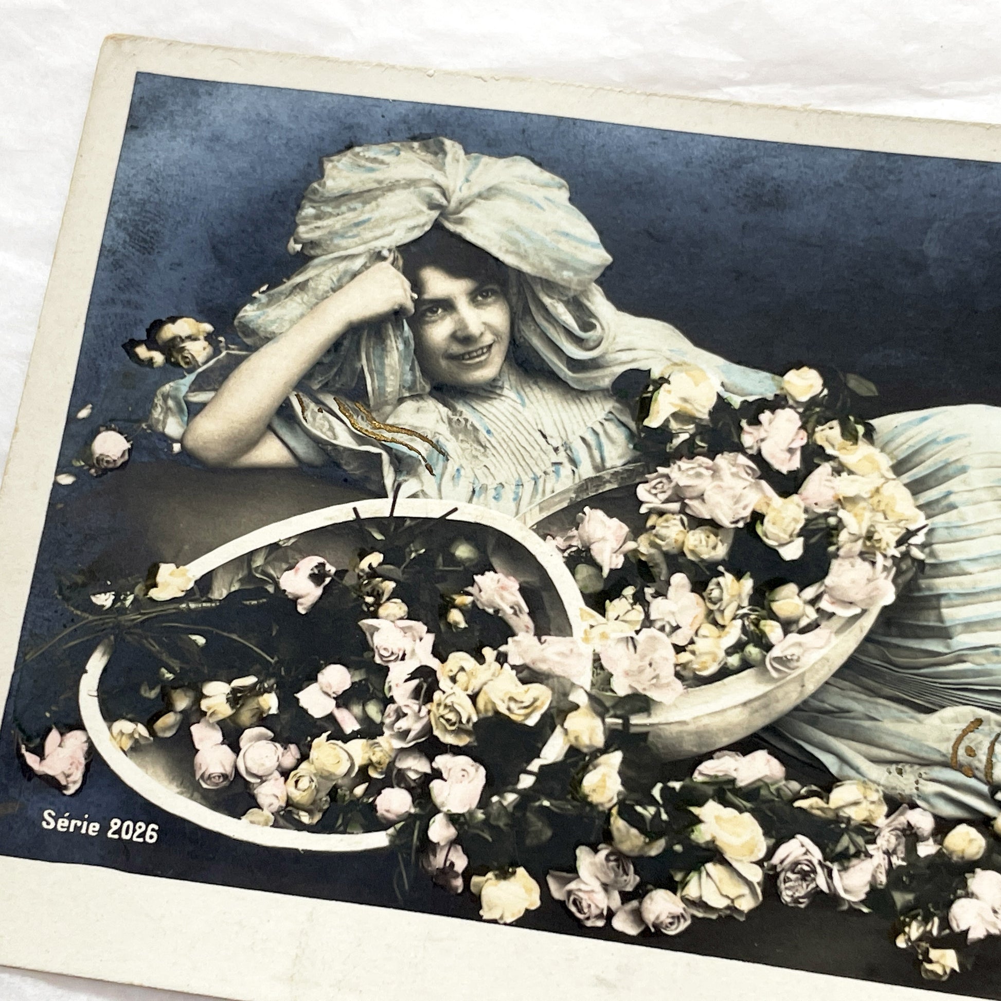 1900s - Vintage French Easter Postcard - Elegant Woman Reclining Among Roses - Joyeuses Paques Paris Antique Greeting Card Collectible