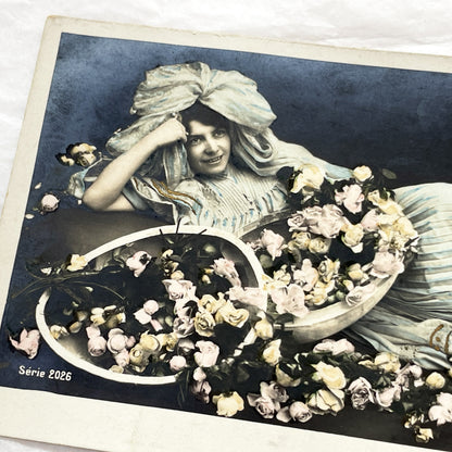 1900s - Vintage French Easter Postcard - Elegant Woman Reclining Among Roses - Joyeuses Paques Paris Antique Greeting Card Collectible