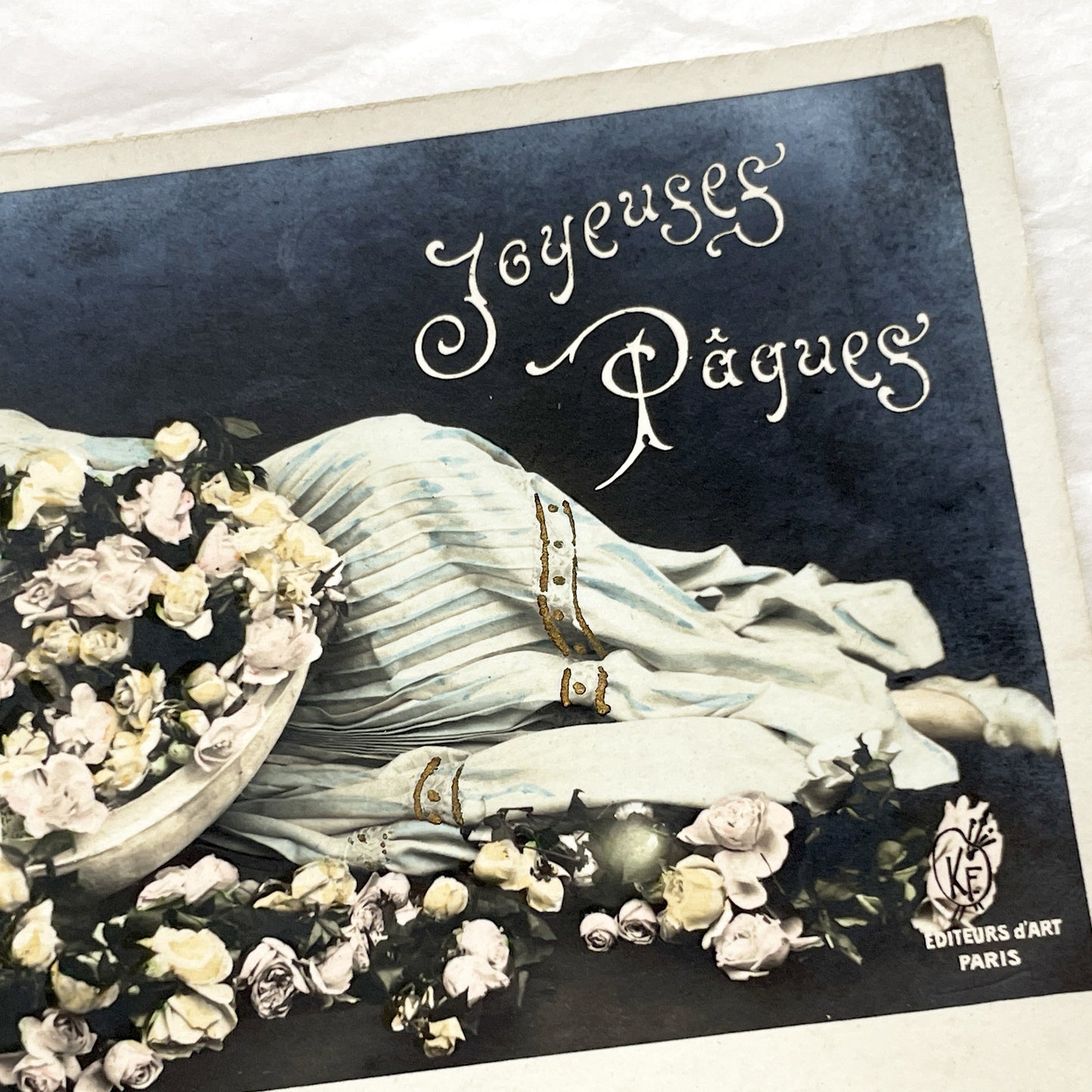 1900s - Vintage French Easter Postcard - Elegant Woman Reclining Among Roses - Joyeuses Paques Paris Antique Greeting Card Collectible