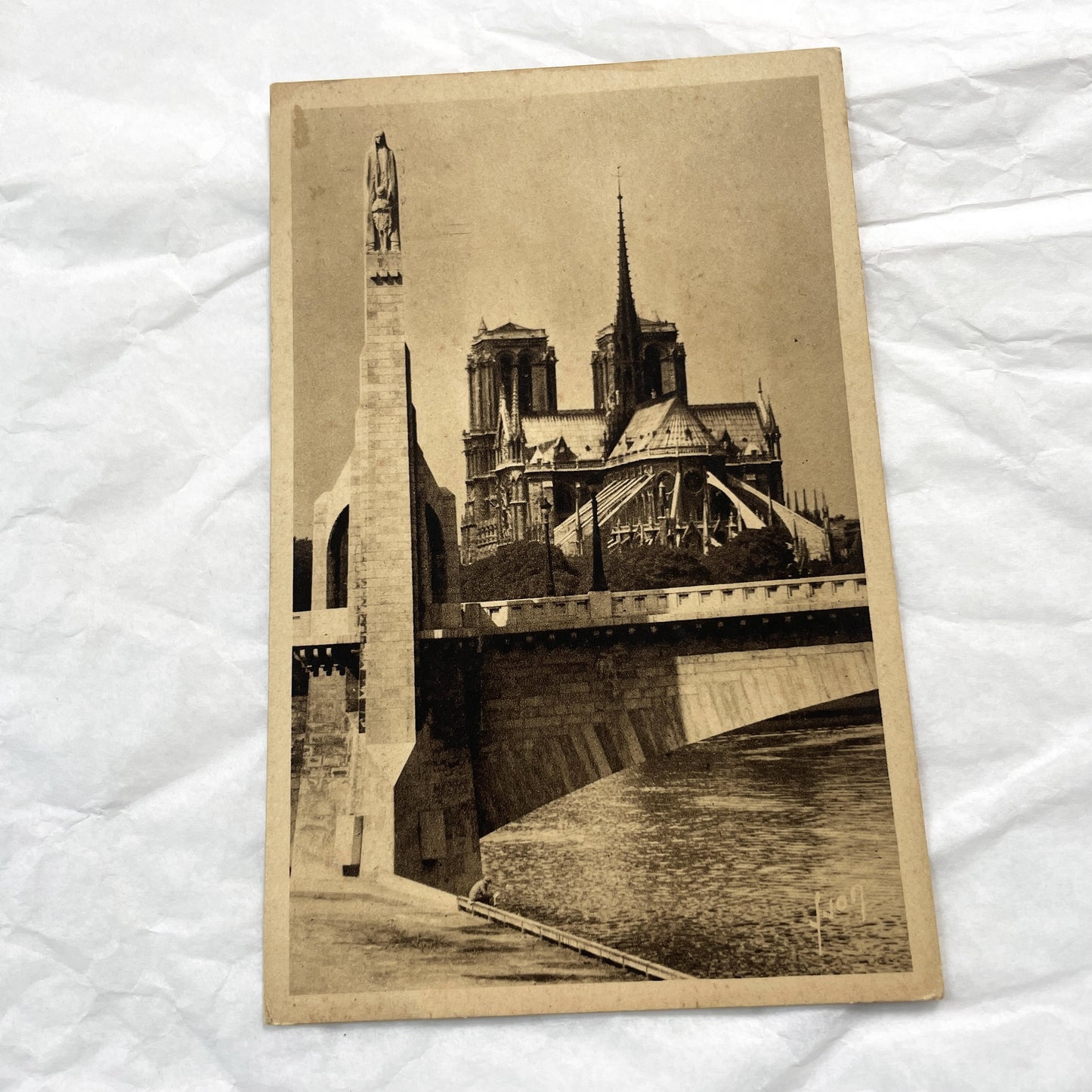 1930s - Vintage Notre Dame Cathedral Postcard - Paris France Architecture - Seine River Bridge View - Sepia Tone Print - Parisian Landmark