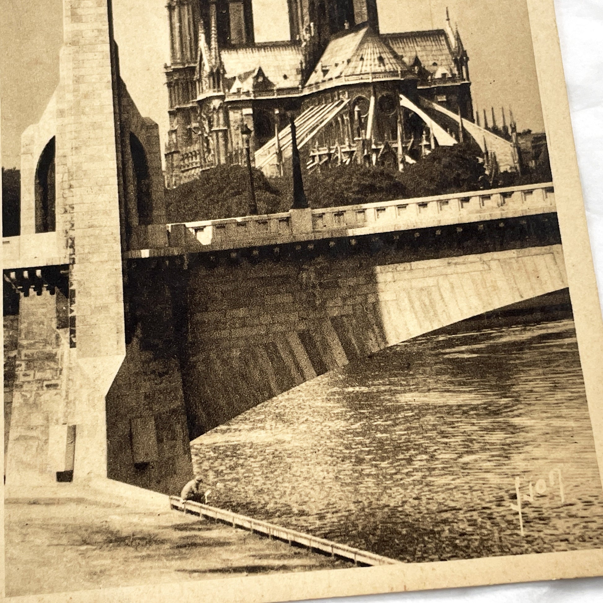 1930s - Vintage Notre Dame Cathedral Postcard - Paris France Architecture - Seine River Bridge View - Sepia Tone Print - Parisian Landmark