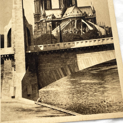 1930s - Vintage Notre Dame Cathedral Postcard - Paris France Architecture - Seine River Bridge View - Sepia Tone Print - Parisian Landmark