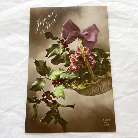 1910s - Antique French Christmas Postcard - Joyeux Noël Holly Basket - Vintage Holiday Greeting Card from Paris - Decorative Ephemera