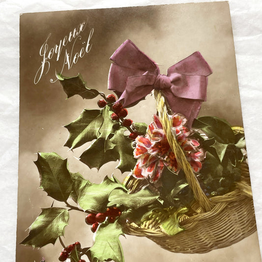 1910s - Antique French Christmas Postcard - Joyeux Noël Holly Basket - Vintage Holiday Greeting Card from Paris - Decorative Ephemera