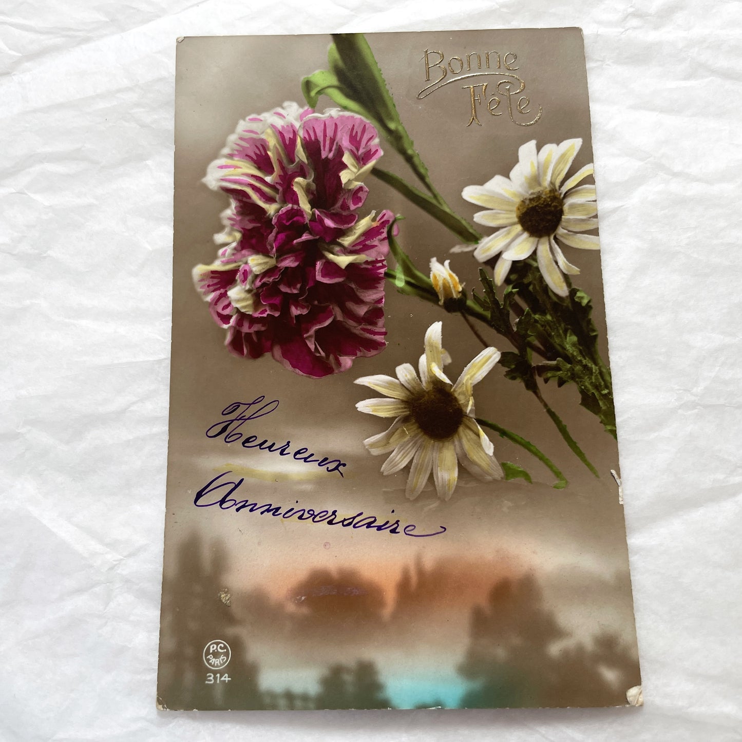 1910s - French Postcard Hand-Colored Carnation Daisies Happy Birthday Anniversary - Antique Floral Ephemera - French Greeting Card