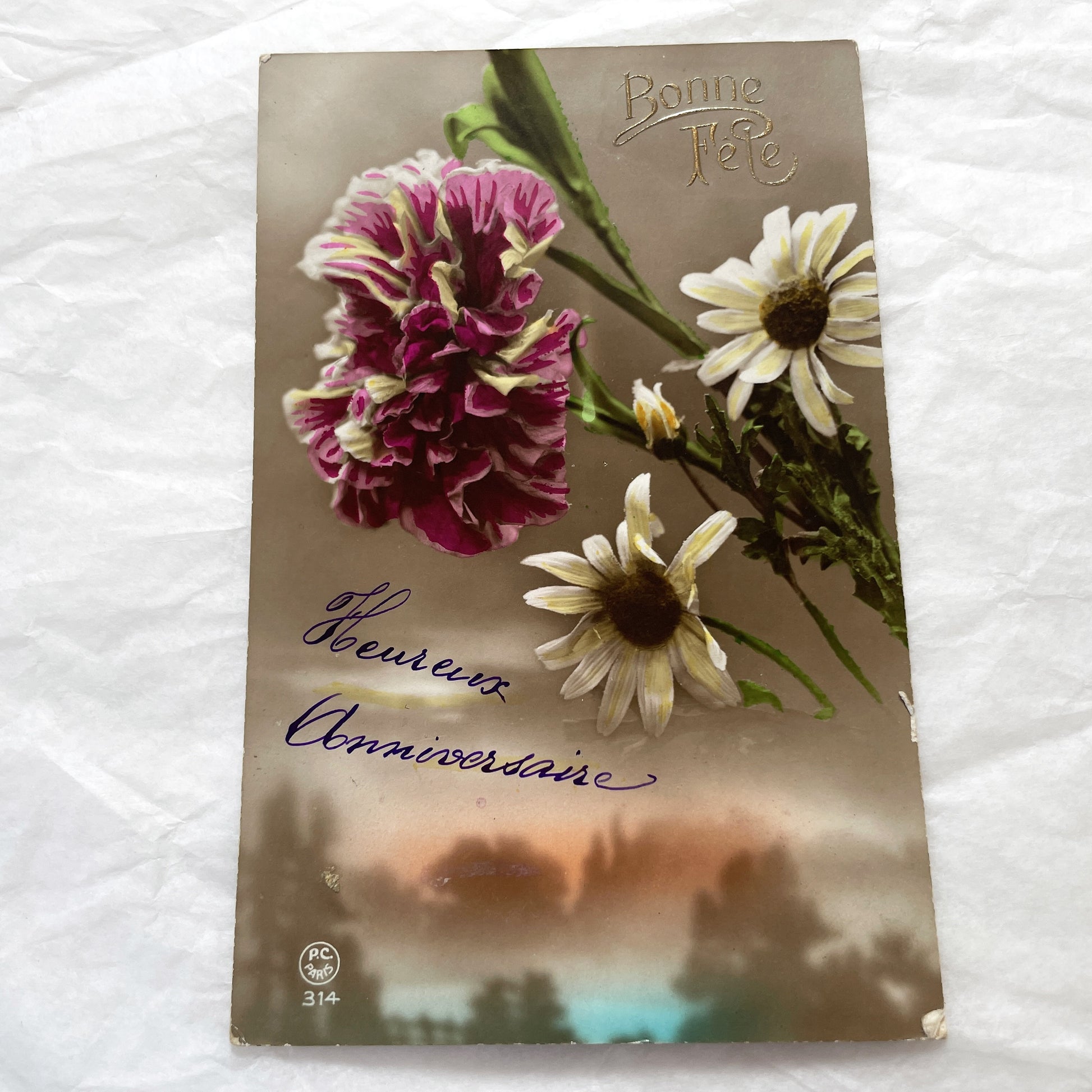 1910s - French Postcard Hand-Colored Carnation Daisies Happy Birthday Anniversary - Antique Floral Ephemera - French Greeting Card