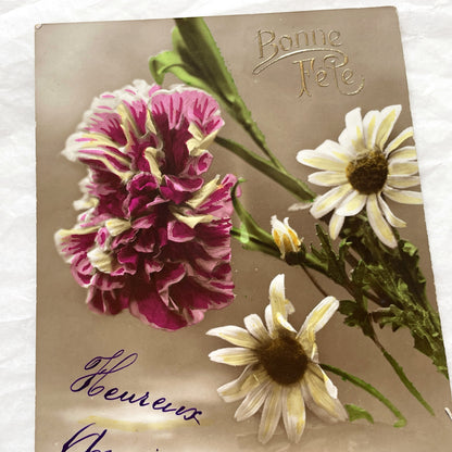 1910s - French Postcard Hand-Colored Carnation Daisies Happy Birthday Anniversary - Antique Floral Ephemera - French Greeting Card