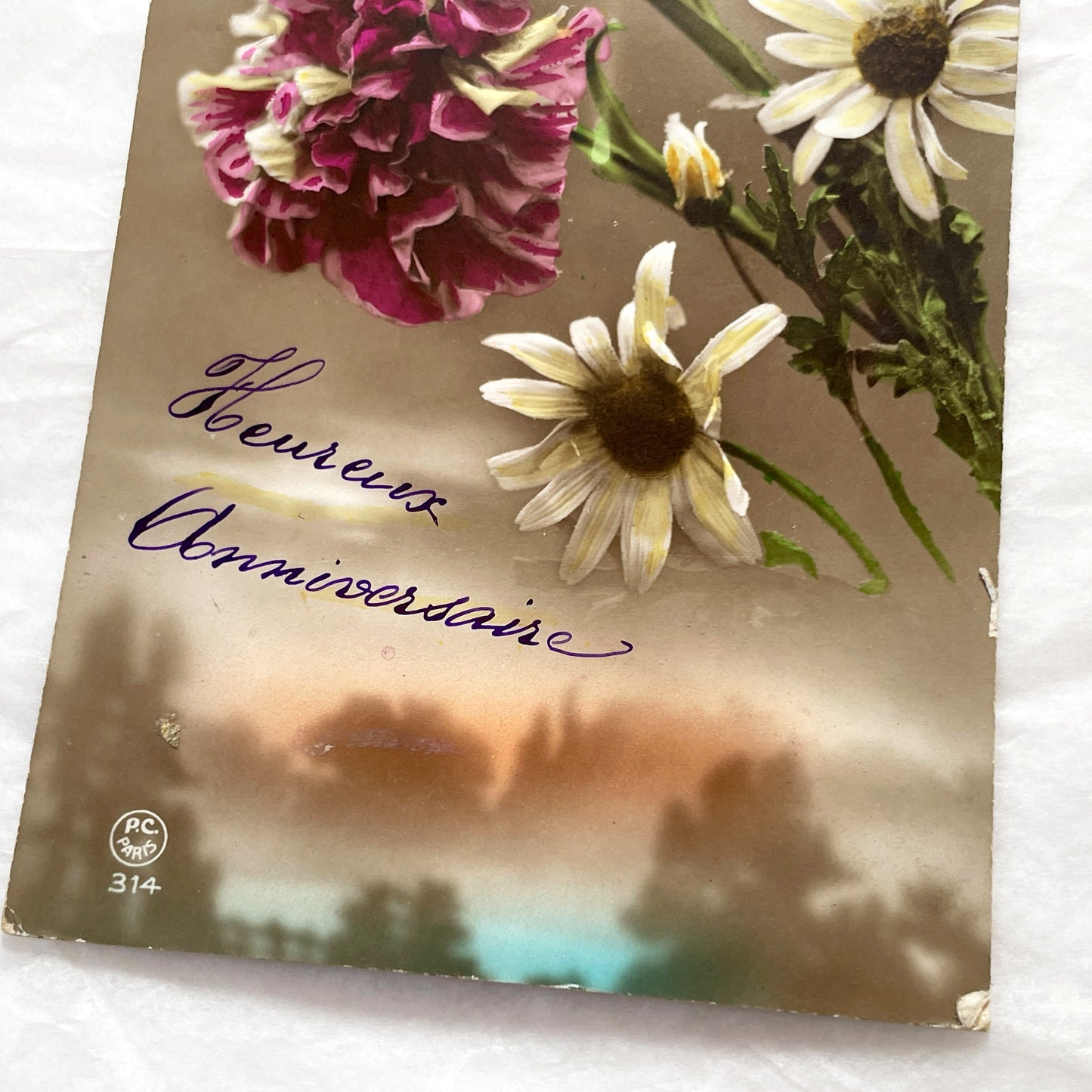 1910s - French Postcard Hand-Colored Carnation Daisies Happy Birthday Anniversary - Antique Floral Ephemera - French Greeting Card