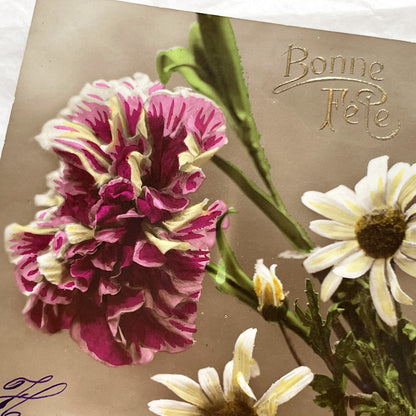 1910s - French Postcard Hand-Colored Carnation Daisies Happy Birthday Anniversary - Antique Floral Ephemera - French Greeting Card