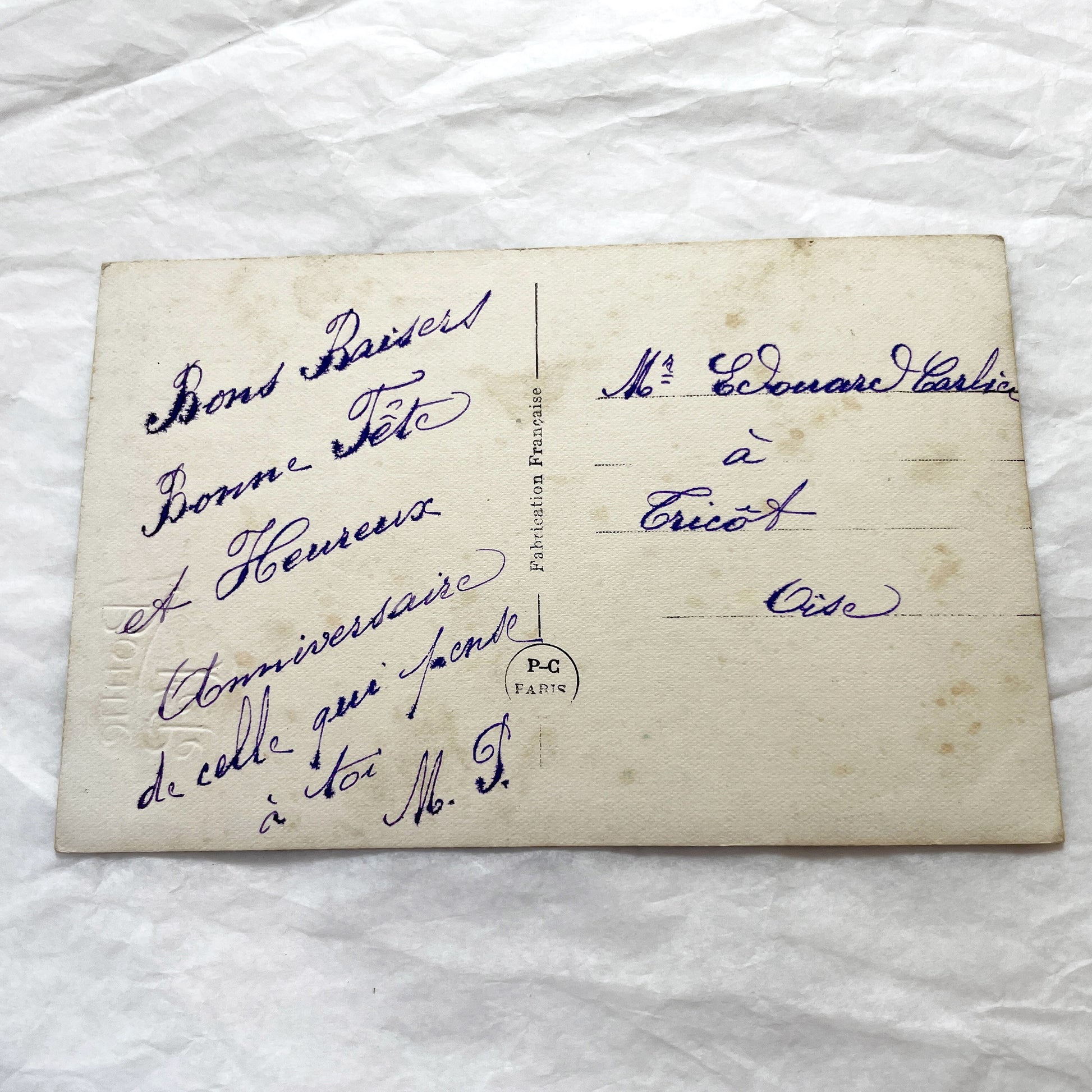 1910s - French Postcard Hand-Colored Carnation Daisies Happy Birthday Anniversary - Antique Floral Ephemera - French Greeting Card