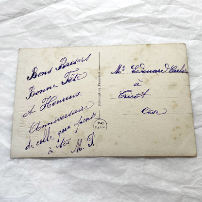 1910s - French Postcard Hand-Colored Carnation Daisies Happy Birthday Anniversary - Antique Floral Ephemera - French Greeting Card