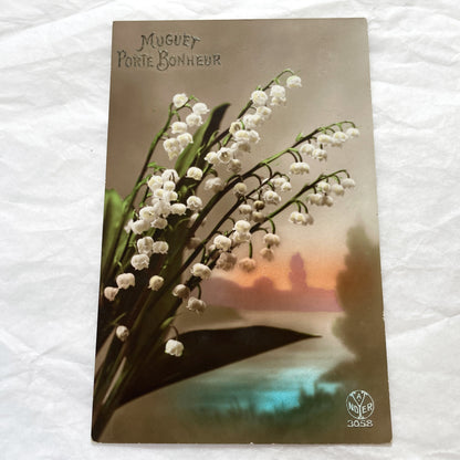 1910s - Vintage French Muguet Postcard - Lily Of The Valley Good Luck Floral Art - Antique Glitter Greeting Card - Collectible Ephemera