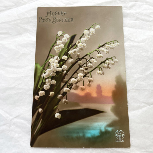 1910s - Vintage French Muguet Postcard - Lily Of The Valley Good Luck Floral Art - Antique Glitter Greeting Card - Collectible Ephemera