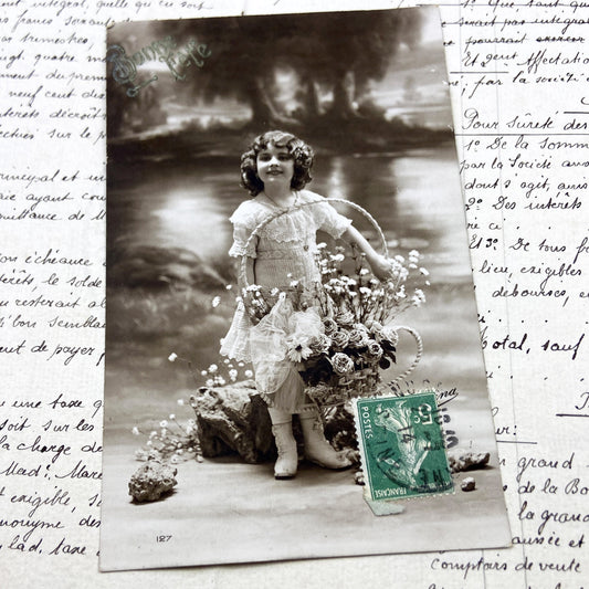 1900s - Antique French Postcard - Little Girl Flower Basket Sepia Photo - Handwritten Legal Document - Ephemera