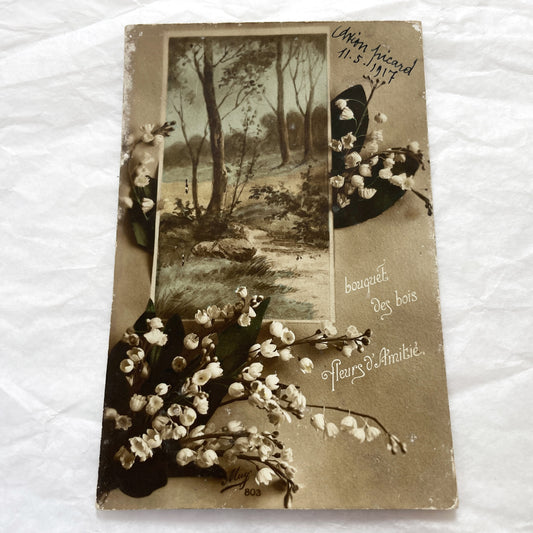 1910s - Vintage French Postcard - Lily Of The Valley Flowers - Forest Path Illustration - Dated 1917 - Muguet Friendship Card